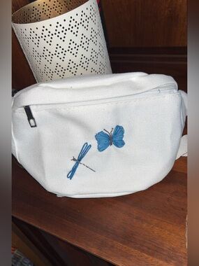 White Canvas Belt Bag with Blue Butterfly & Dragonfly Hand Embroidery